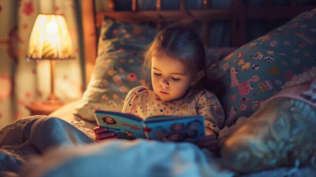 ai-generated-little-girl-reading-in-bed-night-light-glowing-perfect-for-bedtime-stories-reading-promotion-childhood-education-materials-or-cozy-night-scenes-free-photo