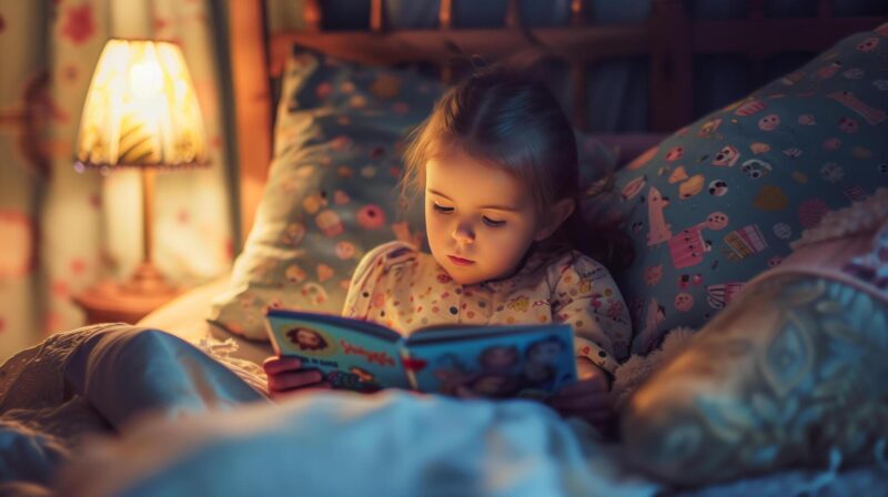 ai-generated-little-girl-reading-in-bed-night-light-glowing-perfect-for-bedtime-stories-reading-promotion-childhood-education-materials-or-cozy-night-scenes-free-photo